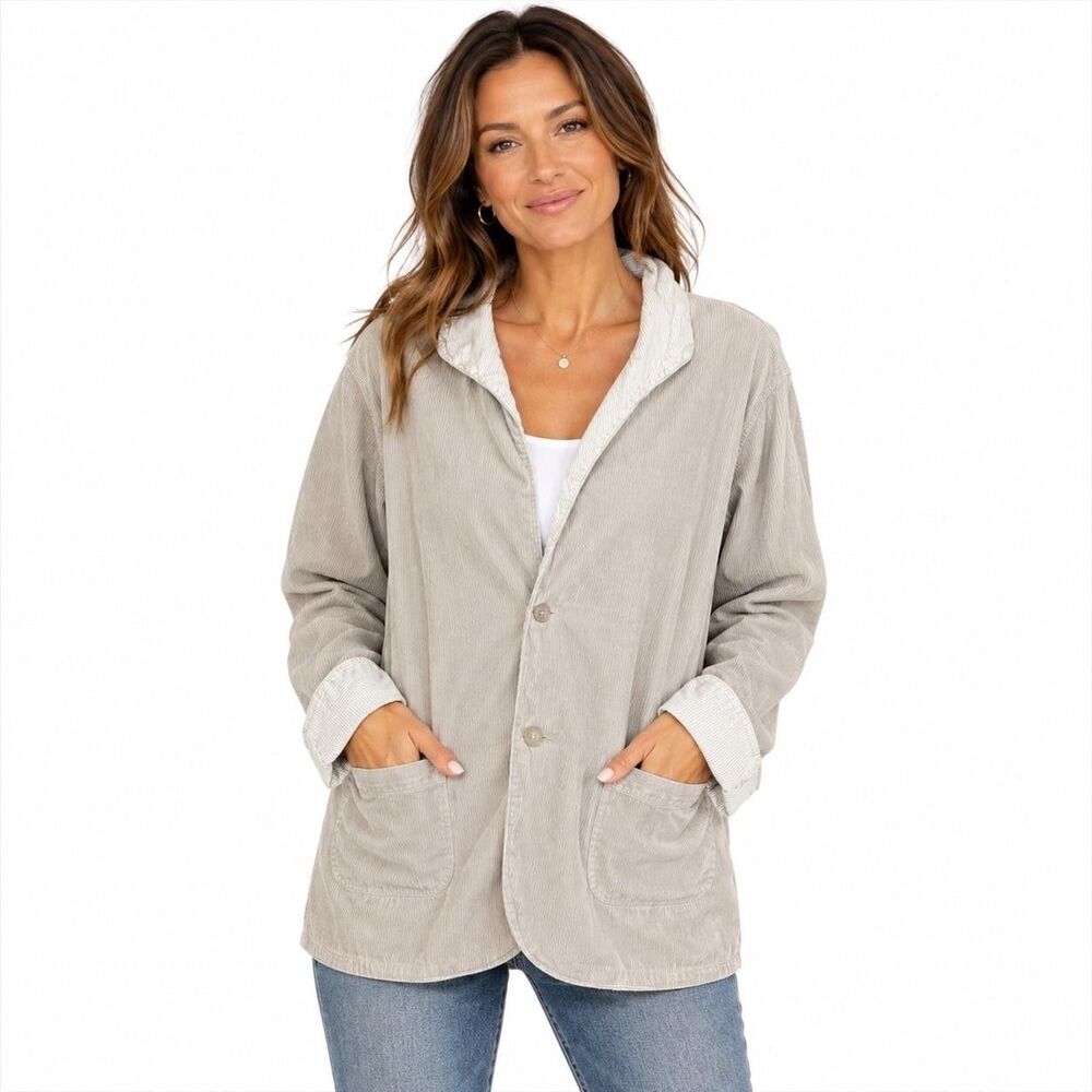 Vintage Weldon Jacket Womens Medium Beige Corduroy Striped Button Front Casual